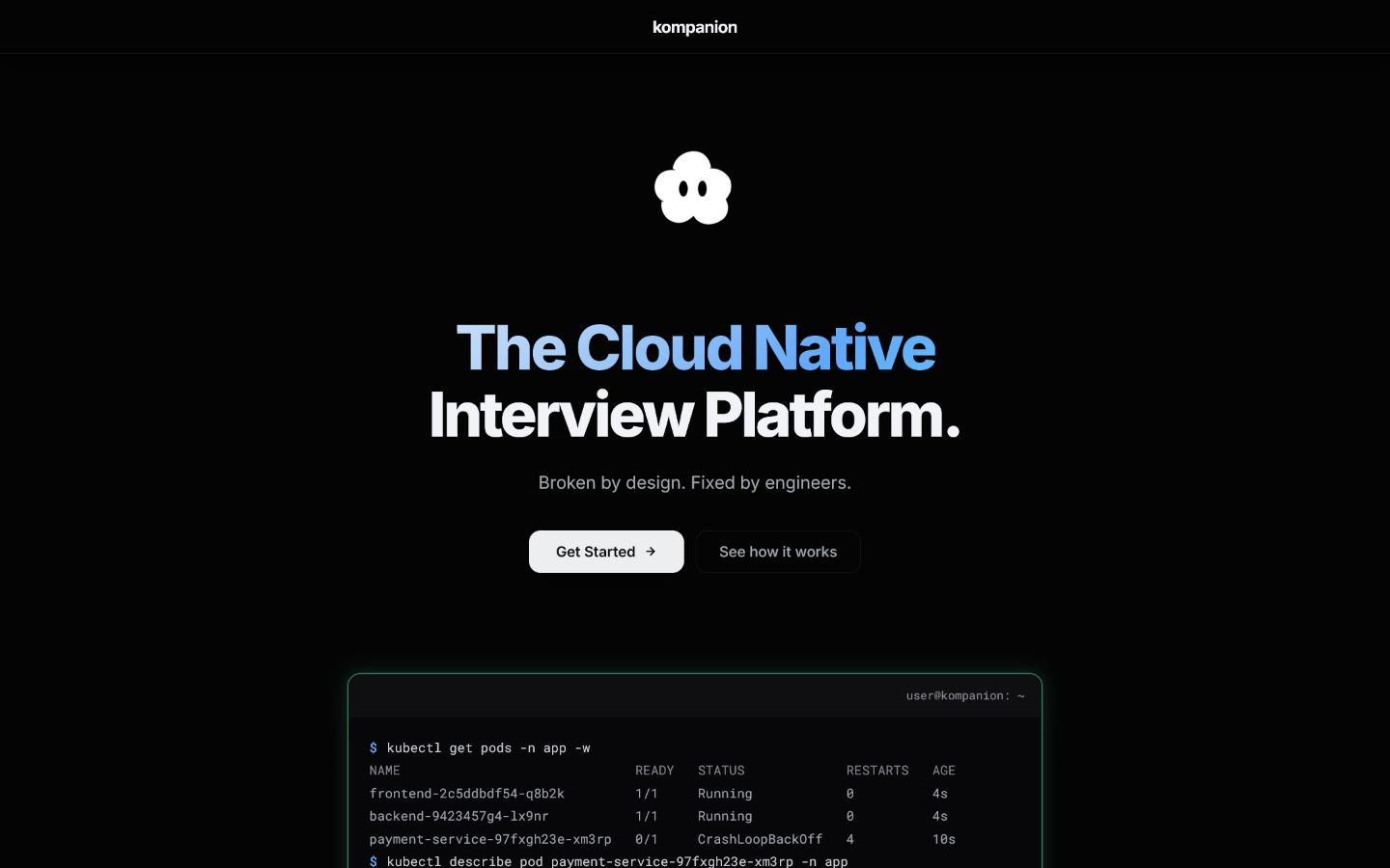 Kompanion product page showing a cloud-native interview platform and browser terminal.